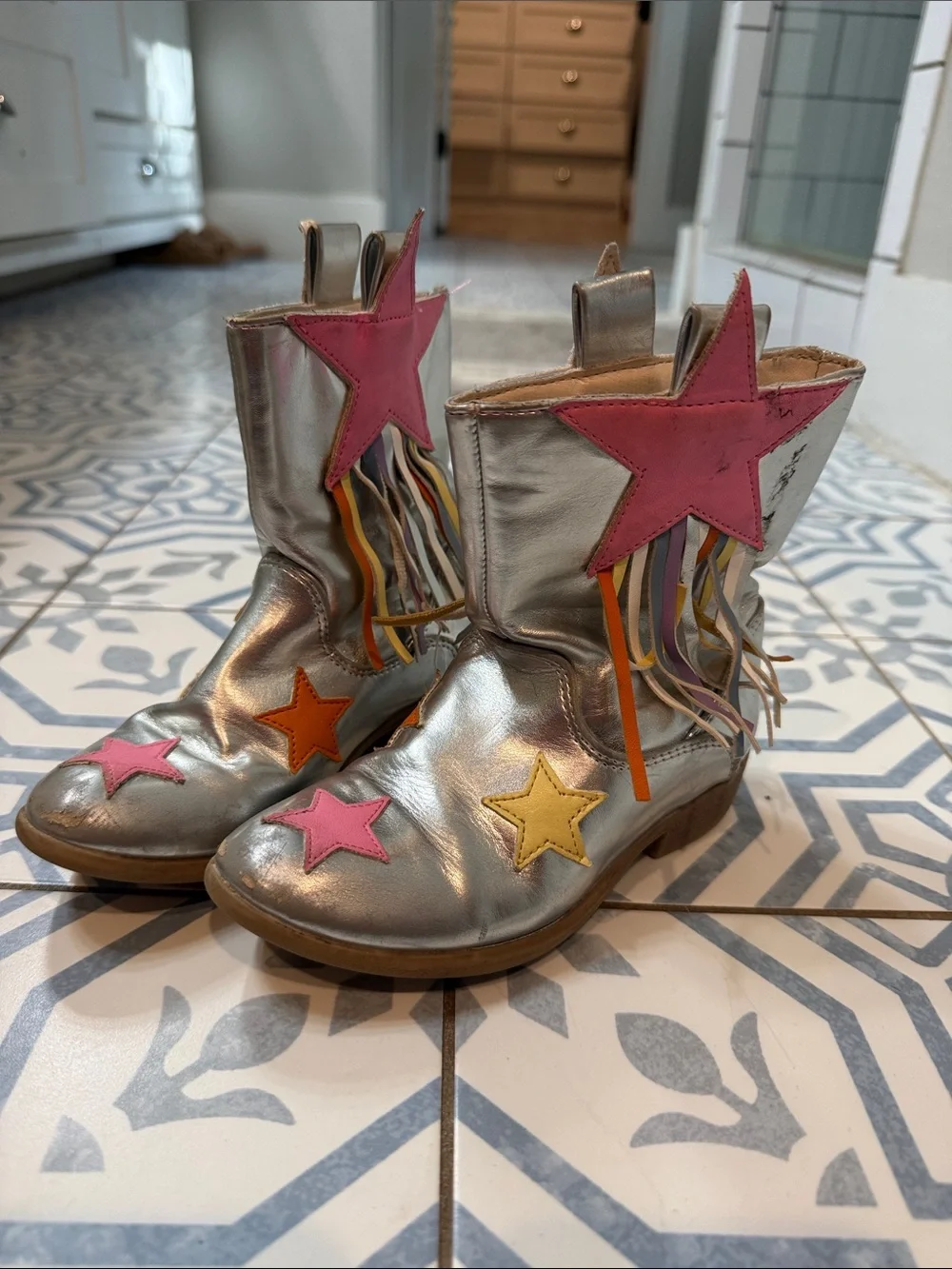 Kids Silver Star Fringe Boots with Pink & Yellow Accents